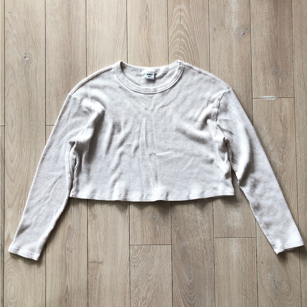 Aritzia Sunday Best Waffle Cropped Long Sleeve Top in Cream Heather Size S